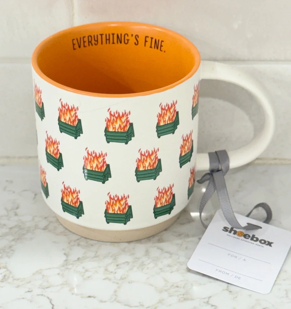 NWT Hallmark Shoebox Dumpster Fire Mug Everything's Fine Ceramic Coffee Cup Mug